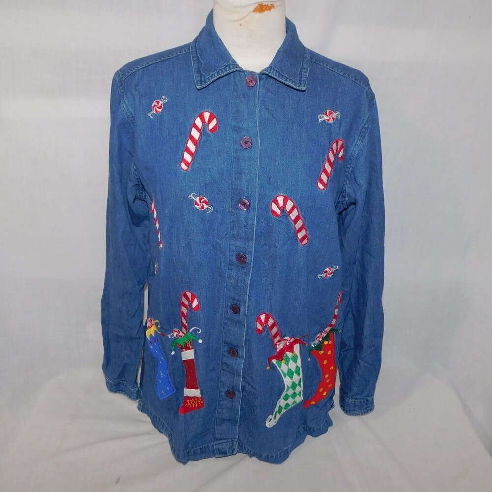 Christmas Candy Cane Stocking Chambray LS Shirt Austin Clothing Co Womens M
